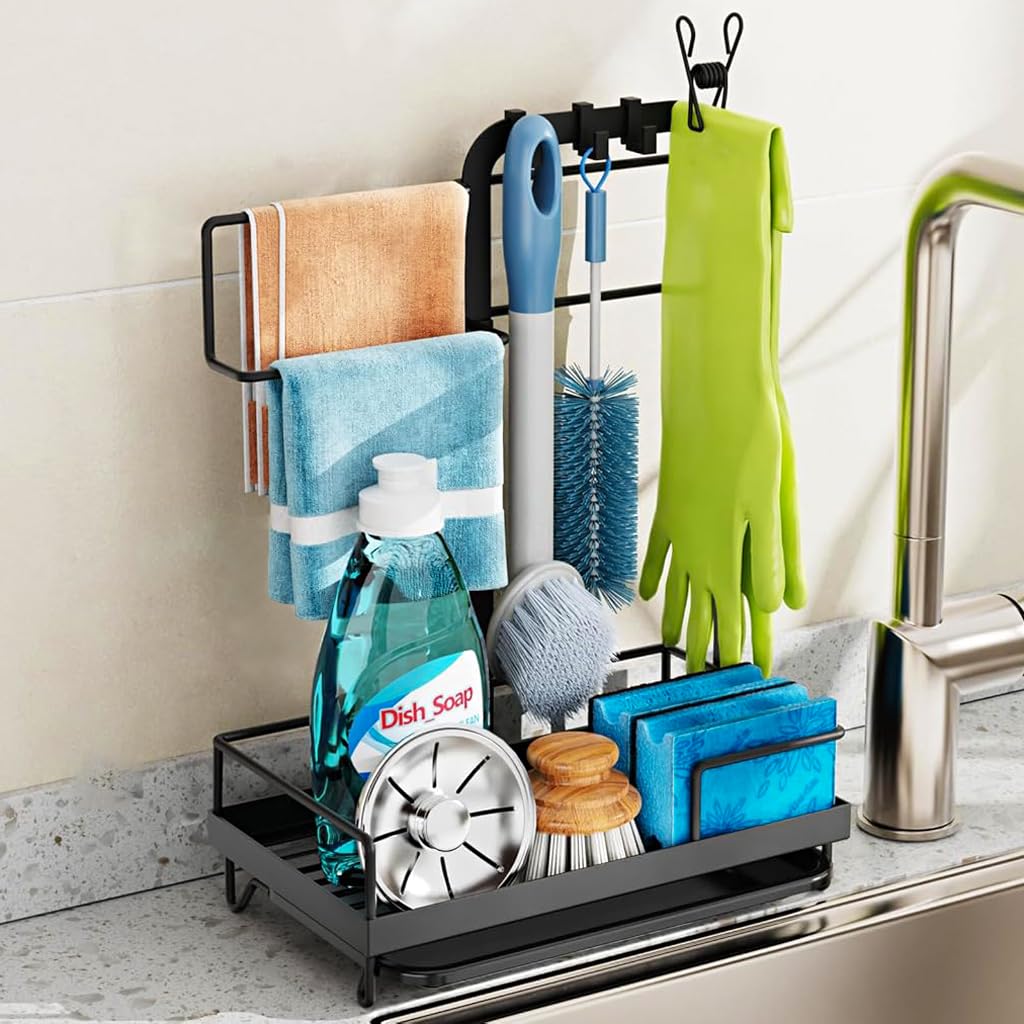 HASTHIP Kitchen Sink Organizer with Drainage System & Water Catch Tray, Sink Caddy Kitchen Sink Organizer, Large Sponge Holder for Kitchen Countertop with Hooks for Dish Brush Gloves, Black HASTHIP Kitchen Sink Organizer with Drainage System & Water Catch Tray, Sink Caddy Kitchen Sink Organizer, Large Sponge Holder for Kitchen Countertop with Hooks for Dish Brush Gloves, Black